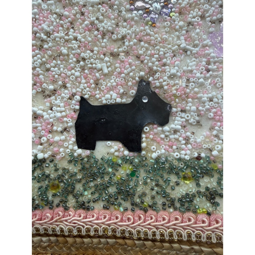 Cappelli Straworld Scottie‎ Dog Beaded Straw Tote Bag Bamboo Handle Tan Pink - Picture 3 of 10